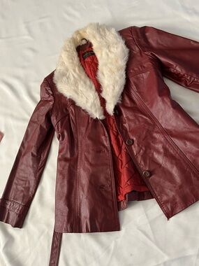 Burgundy Leather Jacket with Cream Faux Fur Collar